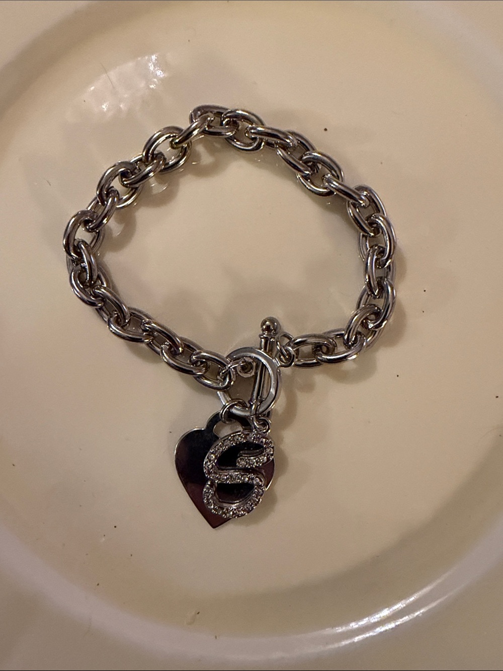 Source Unknown Silver-Tone Heart Charm Bracelet with Crystal 'S' Pendant